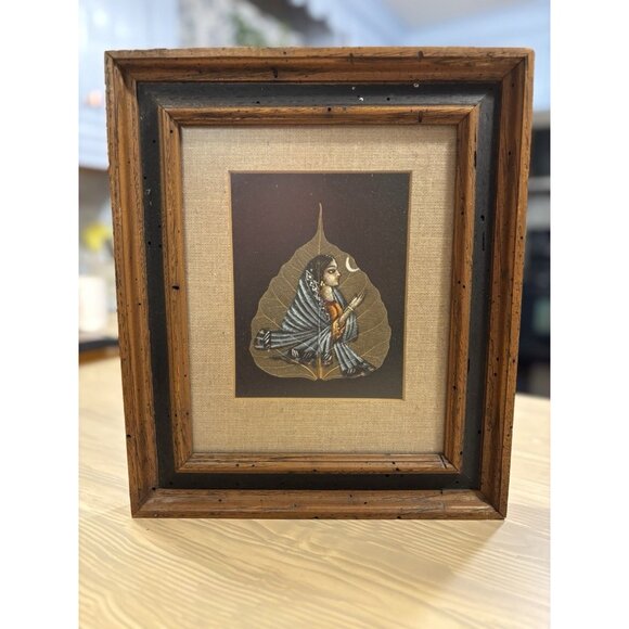 Vintage Peepal Leaf Painting Handpainted Indian Woman Crescent Moon Wood Framed - Picture 2 of 4